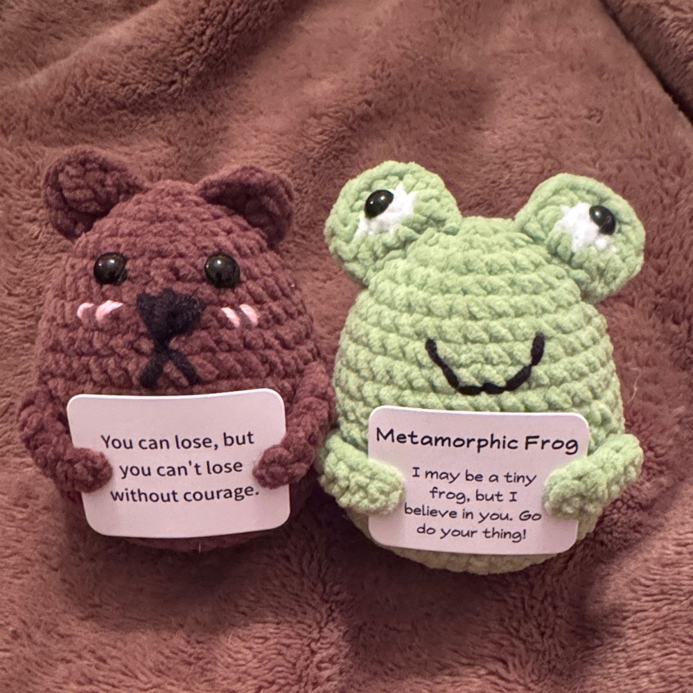 Crochet Brown Bear and Green Frog Plush Set